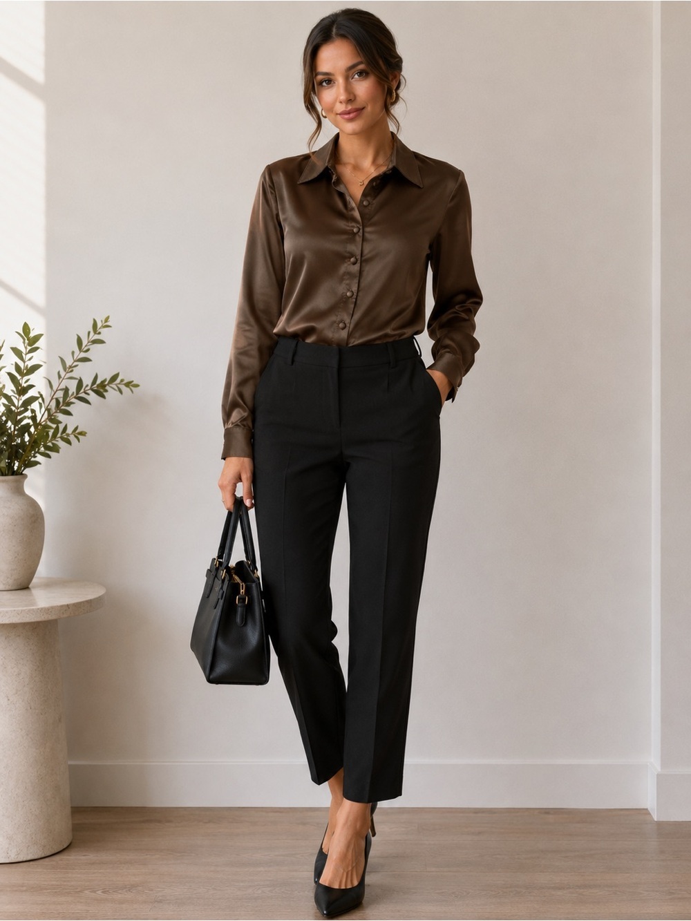 Princess Polly Brown Satin Button Front Blouse Size 8
